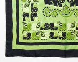 Exquisite Thai Silk Scarf - Luminous Green & Black Elephants Novelty Print - Large Square Wrap - 1950s 1960s Lime Pistachio Chartreuse