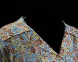 XL 1960s Floral Summer Top - Sweet 60s Peach, Blue, Yellow Floral Jersey Shirt - Size 16 Short Sleeve Blouse - Polo Neckline - Bust 42