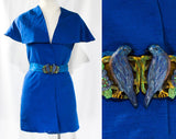 Small 1930s Jacket with Figural Birds Buckle - Authentic 30's Cobalt Blue Silk Wrap - Romantic Shawl Collar - Brocade Belt - Early Plastic
