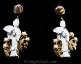 1960s Asian Earrings - White & Gold Japanese Geisha Girls with Fans - 60s Chippy Enameled Metal - Eastern Far East Japan - Dangling Clip On