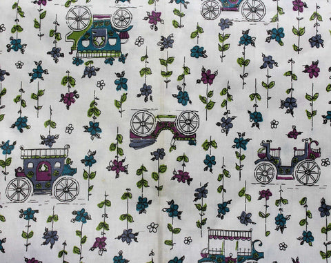 Old Cars 50s Purple Novelty Print Fabric - Over 1.5 Yards x 36 1/2 Inches Wide - Antique Automobiles, Horseless Carriages, Stagecoaches