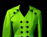 Size 8 Christian Dior Suit Jacket - Electric Lime Green Double Breasted Blazer with Black Buttons - Sharp 1990s Power Suit Chic - Bust 36