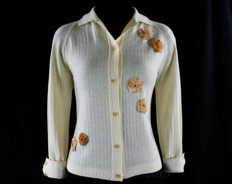 Size 8 Cream Wool Sweater with Panne Velvet Flowers - Floral Appliques - 60s Cardigan - Button Front - 1960s European Style - 43716
