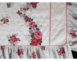 Full Size 1950s Bedspread - Pink & White Roses Quilted 50s Bedroom Linens - Glossy Cottage Floral 50s Double Bed Cover - 105.5 x 93 Inches