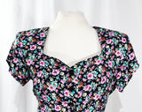 Size 8 1990's Dress - Romantic 1940s Style Floral Full Skirted Dress with Black Rose Buttons - Lavender Turquoise Chartreuse - Waist to 28