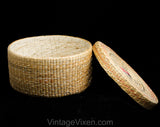 1930s 40s Korean Basket with Lid - Asian Tan Woven Reeds - Yin Yang Style Natural Vegetable Dyes - Eastern Round Container 9 1/2" Diameter