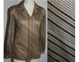 Size 12 Disco Shirt - Designer Wayne Rogers Fawn Striped Jersey Shirt circa 1978 - Long Sleeve - Brown & Beige Stripes - Bust 39 - 30848