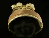 Adorable 1960s Summer Hat with Bow Loops - Taupe Woven Straw 60s Bucket Hat with Cocoa Brown Taffeta Trim - 60's Neutral Beige Spring Chic