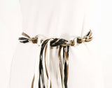 Classic Hippie Belt - Small to Medium - 60s 70s Brown Black White Fringe & Silvertone Metal Rings - Faux Leather Boho 70s Rock Star Hip Belt