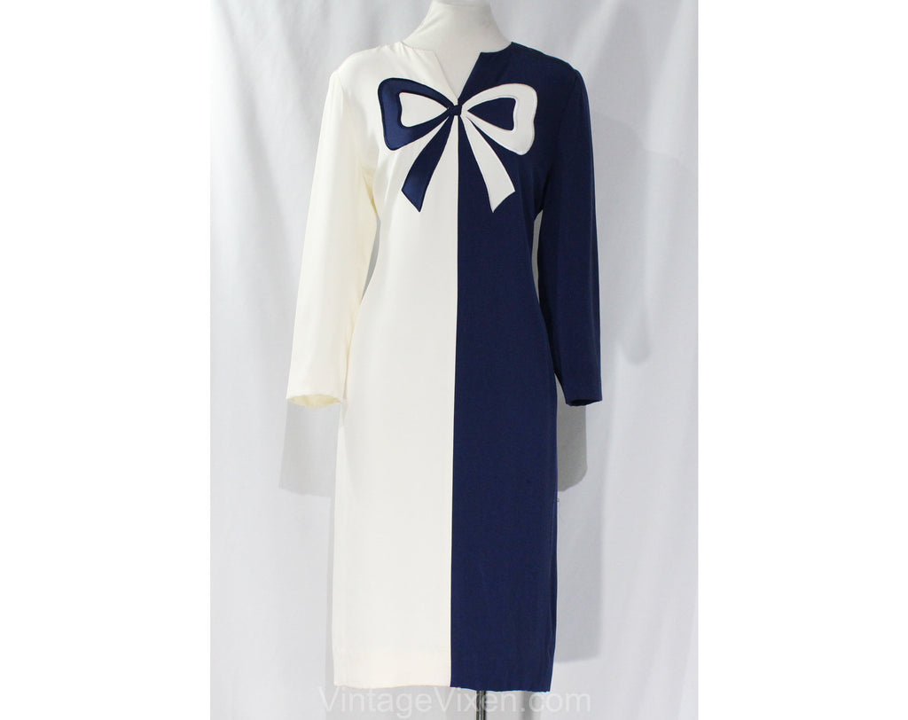 Size 8 Designer Dress by Gene Roye - 1990s Color Block Navy & White Silk Crepe with Trompe L'Oeil Bow - 1920s Schiap Inspired - Bust 36.5