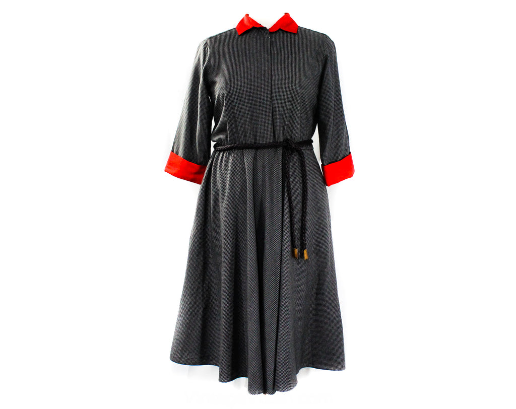 Size 10 Shirtwaist Dress - 1950s Inspired Gray Houndstooth Fit & Flare Frock with Cherry Red Collar and Cuffs - Braid Belt - Waist 32