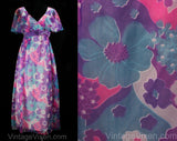 Size 8 Garden Party Dress - Romantic 60s Purple Hippie Floral Empire Evening Gown - Spring Summer 1960s Flutter Sleeve Full Skirt - Bust 35