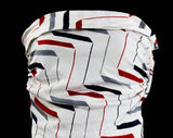 XS 1940s Deco Sun Dress - Size 2 Strapless Summer Full Skirted Frock - Geometric Striped Red, Navy Blue & Gray on White Cotton - Bust 31.5