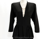 Size 6 Film Noir Cocktail - 1940s WWII Era Black Dinner Dress with Sexy Brass Chain Plunge Neckline - 40s Crepe with Peplum - Bust 34.5