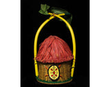 Rare 1950s Novelty Figural Purse - Tiki Hut & Native Drummer Scene - Raffia Roof Lid - Hand Painting - Kitsch 50s Summer Resort Hand Bag