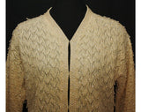 Large 50s Beaded Sweater - Beautiful 1950s Ecru Wool Cardigan with Shaggy Beadwork - Size 12 - Hong Kong - Near Mint - Bust 38.5 - 35229