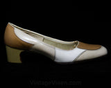 Size 6 Mod 1960s Patchwork Leather Pumps - C Wide Width Shoe - Neutral Hues - Beige & Tan Stitched Patches - Secretary Style - 60s Deadstock