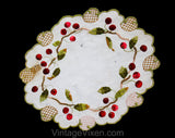 Cherries Antique Linens - Society Silk Embroidered Victorian Centerpiece - Art Nouveau Round Doily Style - Botanical Red Cherry Embroidery