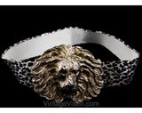 Medium Leopard Print Belt with Huge Lion's Head Buckle - Size 10 to 12 Wild Cat 1980s Designer Mimi di N Dated 1987 - Bold African Animal