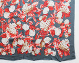 Autumn Fruits Scarf - Pewter Gray & Flame Orange Challis Print Shawl - Large 1980s Square Wrap - Grapes Pomegranates Plums Novelty Print