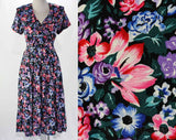 Size 8 Retro Dress - 1930s Inspired Floral Full Skirted Dress - Black Pink Purple Blue Emerald Green - 1990s Era Short Sleeve - Waist 25-29