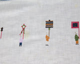 30s Asian Tablecloth & Four Matching Napkins - 1920s 30s 40s Far East Square Dinner Linens - People Flying Kites Blue and White Cross Stitch