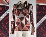 Size 10 1970s Top - 70s Beatnik Batik Print Disco Shirt - Brown Casual Batik Style Bohemian 70's Long Sleeve Blouse - Bust 37 - 39894