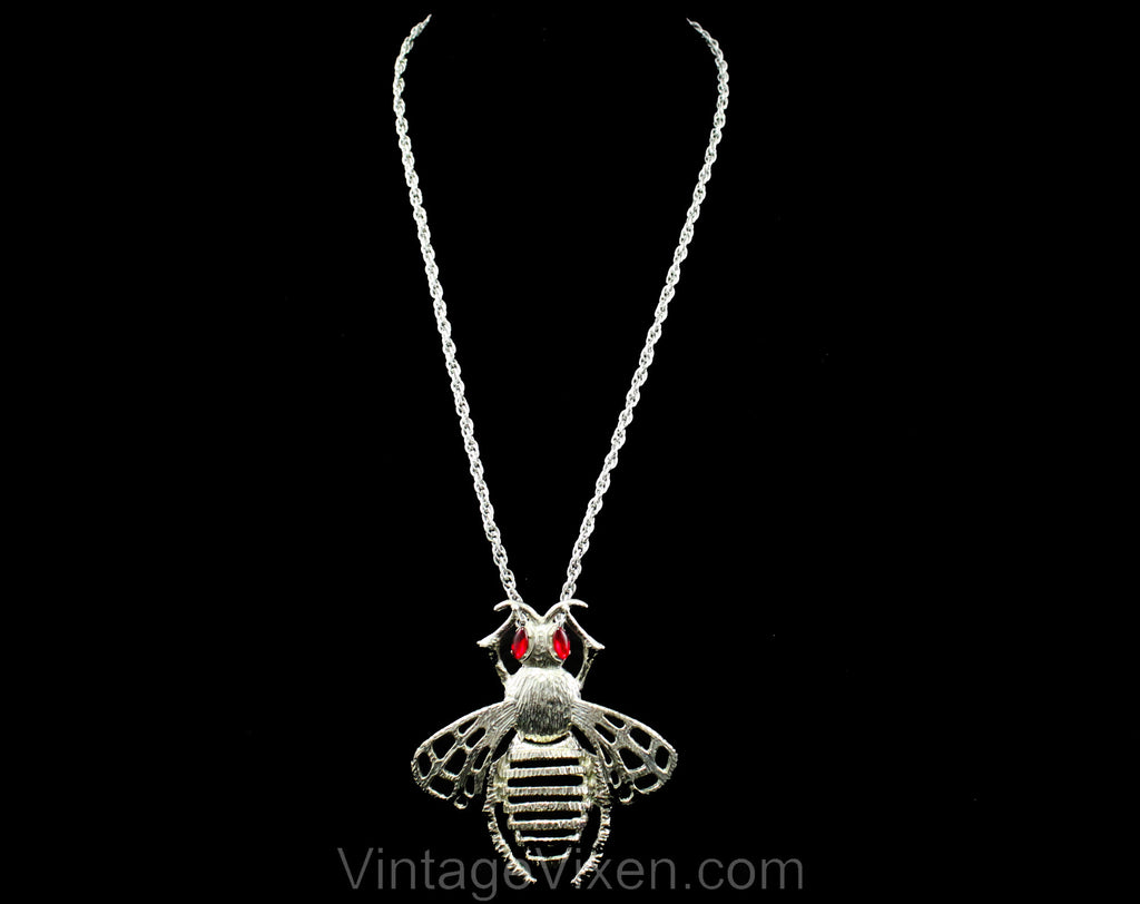 70s Pendant Necklace - Novelty Bee Insect Design with Jointed Moveable Parts - Silver Hue Metal Wasp - 1970s Big Bug with Ruby Rhinestones