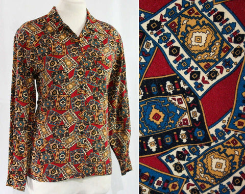 Size Medium 1980s Banana Republic Shirt - Magic Carpet Novelty Print - 80s Long Sleeved Rayon Top - Burgundy Maroon Teal & Navy - Bust 40.5