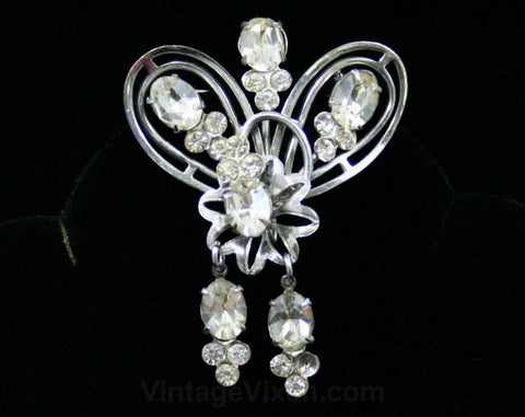 Regal Rhinestone Pin - 1950s Dangling Rhinestones Brooch - Converts to Pendant - 50s Cabochons Clear Stones Princess Like - Glamour - 42494