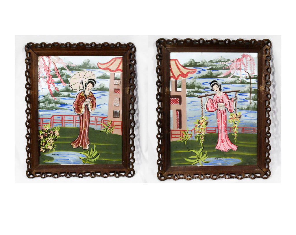 Pair Large Framed Pictures - 1940s Japanese Kimono Ladies - Hand Painted Eastern Garden Scenes - Pink Green Silver 40s WWII Era Boudoir Art