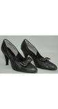 Size 8 Shoes - Sleek Steel & Black 1950s Heels - Pebble Texture Vinyl - Metallic Grey - Edgy - Bows - Deadstock - Neutral - Gray - 8AA 25512