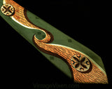 1940s Wide Tie - Sage Green Deco Print WWII 40s Swing Era Satin Mens Necktie - Spinach Chocolate Brown Apricot Peach - Circles & Swirls