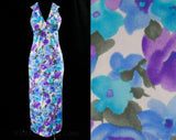 Size 8 Sailor Collar Sun Dress - Beachy Blue & Purple 1970s Sun Dress - Sleeveless 60s 70s Summer Resort Chic - Maxi Length - Bust 35.5