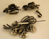 Romantic 1950s Antique Inspired Roses Pin & Earrings - Dark Silvertone Metal - 50s Demi Parure - Clip Earrings - Classic Victorian - 34037-1