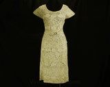Size 6 Ribbon Dress - 1950s Beige Stitched Soutache Cocktail - Neutral Taupe Ribbonwork Small 50s Dress - Original Belt - Pristine - Bust 34