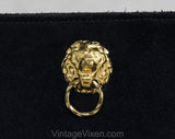 Navy Suede Clutch Bag with Lion's Heads - Dark Blue Sueded Leather Purse - Handbag without Strap - Posh Brassy Gold Lion & Door Knocker Pull