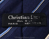 1980s Christian Dior Striped Tie - Navy 80s Designer Necktie - Dark Blue & Khaki Tan Diagonal Silk Stripes - Paris New York - Logo Lining