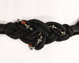 Size 10 Belt - 1980s Knotted Black Cord & Jeweltone Beads - Elegant Dressy 80s Artisan Jewelry for the Waist - Purple Orange Silver - 48981