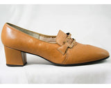 Size 6.5 Leather Loafers - Never Worn - 1960s Tan Shoes - Hipster 60s Brown Pumps - 6 1/2 Loafer - Modernist Studded Buckle - 43188-2