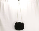 1950s Black Shoulder Bag - Round 50s Wool Handbag with Chainlink Strap - Pearlescent White Lucite Trim - Detachable Chain Strap - 48970