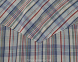 Small Men's Western Shirt - 1970s Rockabilly Cowboy Mens Top - Short Sleeved Blue Maroon White Plaid Cotton - Holt - Neck 14.5 - Chest 38