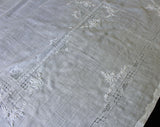 Exquisite Antique Square Tablecloth - 1900s Victorian Linens Padded Satin Stitch Flower Embroidery & Drawnwork - Beautiful Fine Sheer Cotton