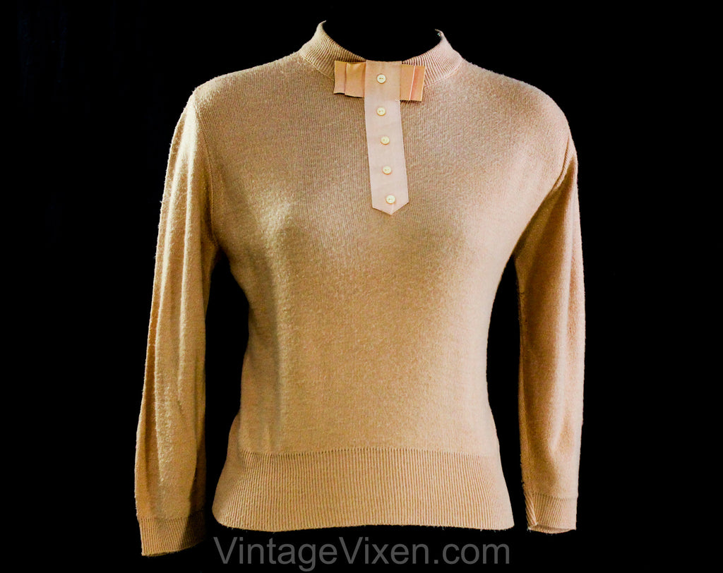 Medium 1950s Toffee Brown Sweater - Size 10 Secretary Style with Grosgrain Bow & 3/4 Length Sleeve - 50s Neutral Pullover Jumper - Bust 38
