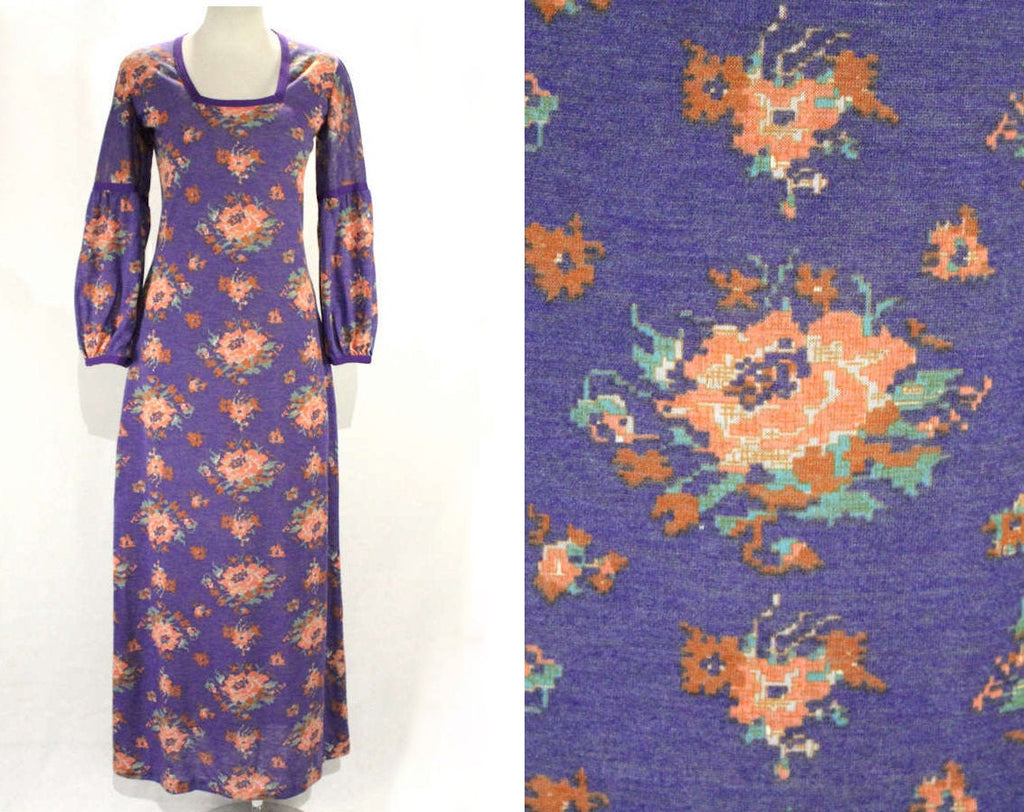 Size 8 Romantic Dress with 19th Century Sleeves - Purple 1970s Maxi Dress - Spring Cross Stitch Floral Jersey Knit - Square Neckline - 48804