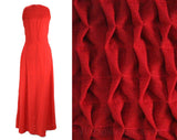 Size 8 Scarlet Dress - Beautiful Quality Red Wool Sleeveless Dress with Artful Smocking - 1970s Blouson Bodice & Flared Skirt - Waist 27