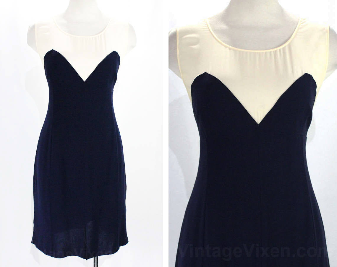 Size 6 Karl Lagerfeld Dress - Designer 1980s Navy Blue & White Silk Sh Vintage Vixen Clothing Size 6 Karl Lagerfeld Dress - Designer 1980s Navy Blue & White Silk Sh Vintage Vixen Clothing
