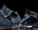 Size 12 1980s Guess Denim Jacket - Child's Preteen Boy Jean Street Wear - Dark Blue Cotton - Georges Marciano Question Mark Logo - Bust 35.5