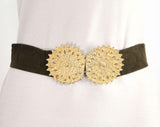 Size 10 Designer Belt - Couture Quality 1960s Chocolate Brown Suede Belt with Gorgeous Brassy Gold Metal Disks - Morris Moskowitz - 29545