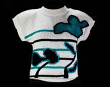 Medium 80s Teal Sweater - Short Sleeved Casual Pullover - Retro Nubby Yarn Flowers - Black & White Avant Garde 1980s Knit Top - Bust 37.5